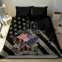 Black duvet cover on bed with eagle, stars, and US flag graphic plus custom 'YOUR TEXT'.