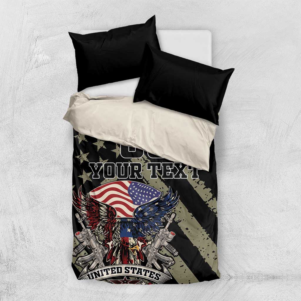 Black and white bedding set with black duvet; eagle and US flag graphic, 'YOUR TEXT' print.