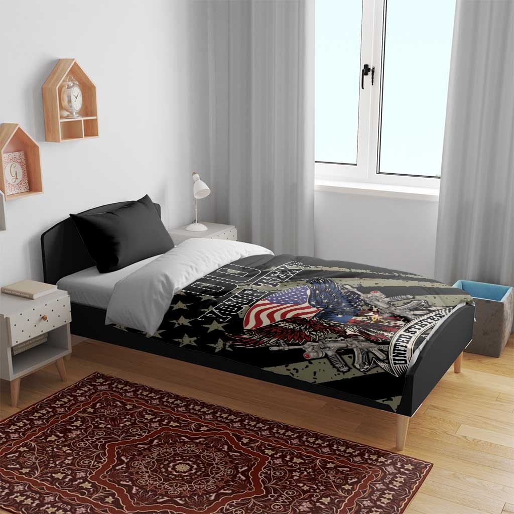 Black bedding set on bed with eagle and US flag graphic; custom 'YOUR TEXT' design.