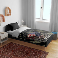 Black bedding set on bed with eagle and US flag graphic; custom 'YOUR TEXT' design.