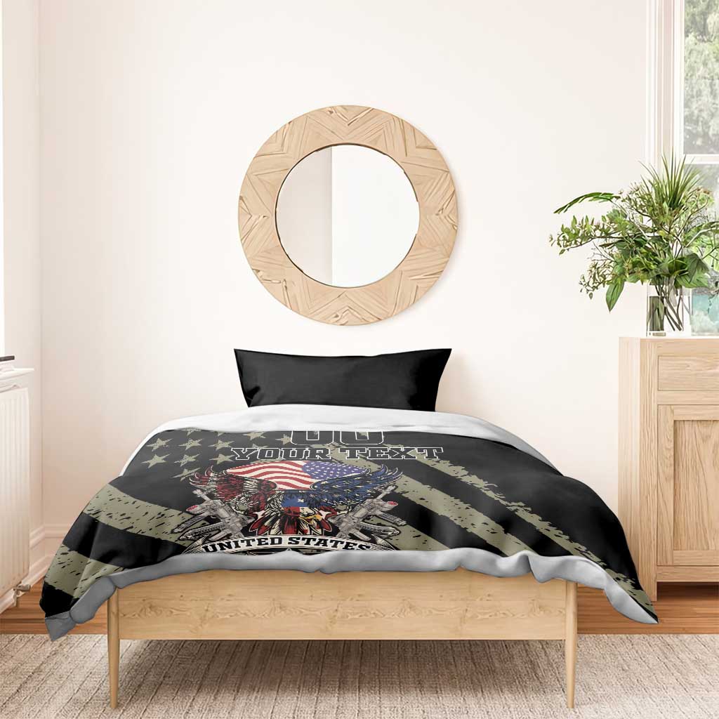 Black duvet on bed with eagle and US flag graphic and custom 'YOUR TEXT' banner.