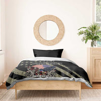 Black duvet on bed with eagle and US flag graphic and custom 'YOUR TEXT' banner.