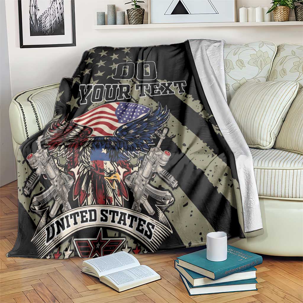 Black and olive-patterned blanket with eagle, guns, “UNITED STATES,” and “YOUR TEXT”