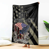 Black throw blanket with eagle graphic, star pattern, and “YOUR TEXT” personalization
