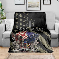 Black eagle blanket with stars and “YOUR TEXT,” draped over a sofa armrest