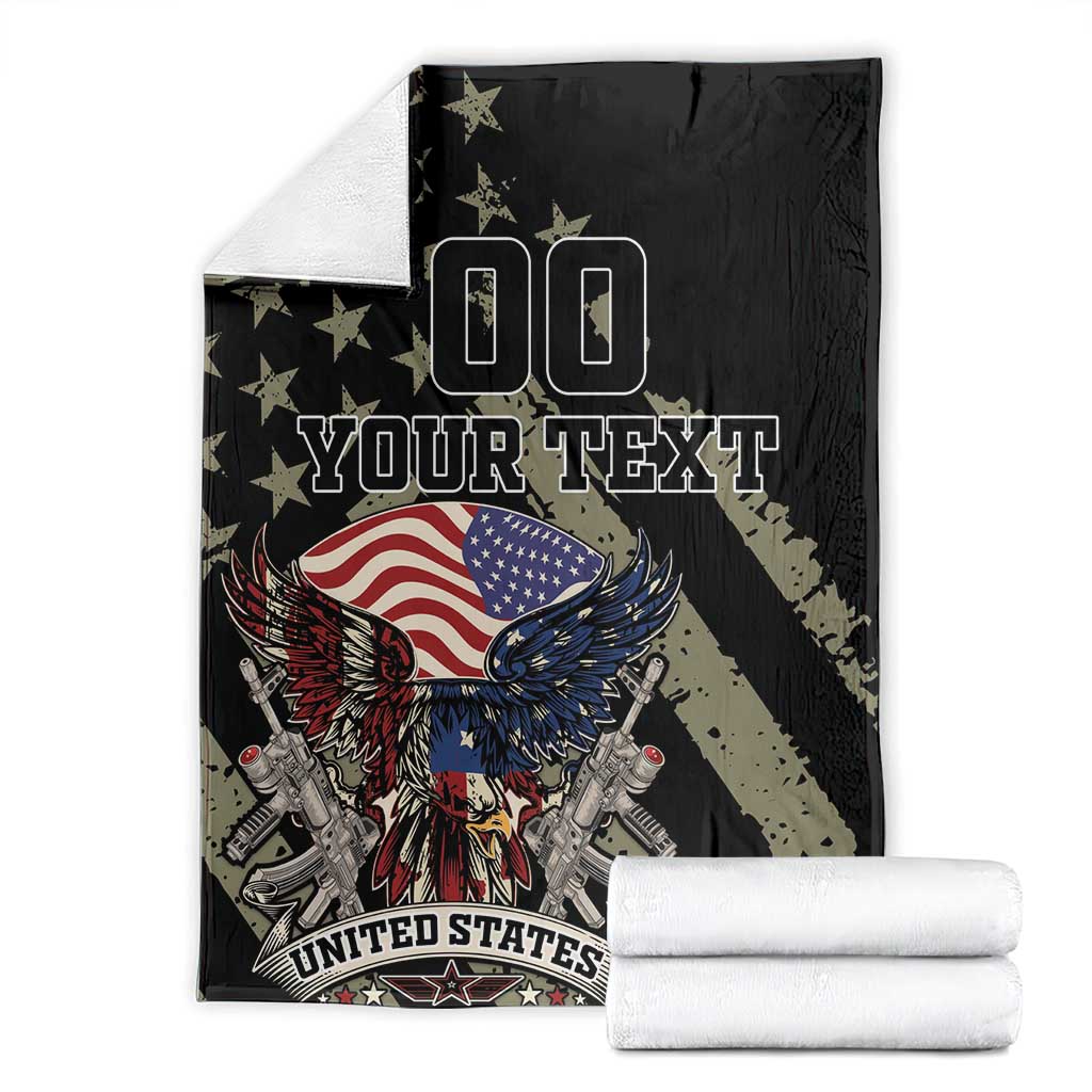 Black eagle blanket folded with “YOUR TEXT” and stars, stacked with white backing rolls