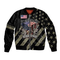 Black zip-front bomber jacket with veteran lettering, American flag eagle, star pattern