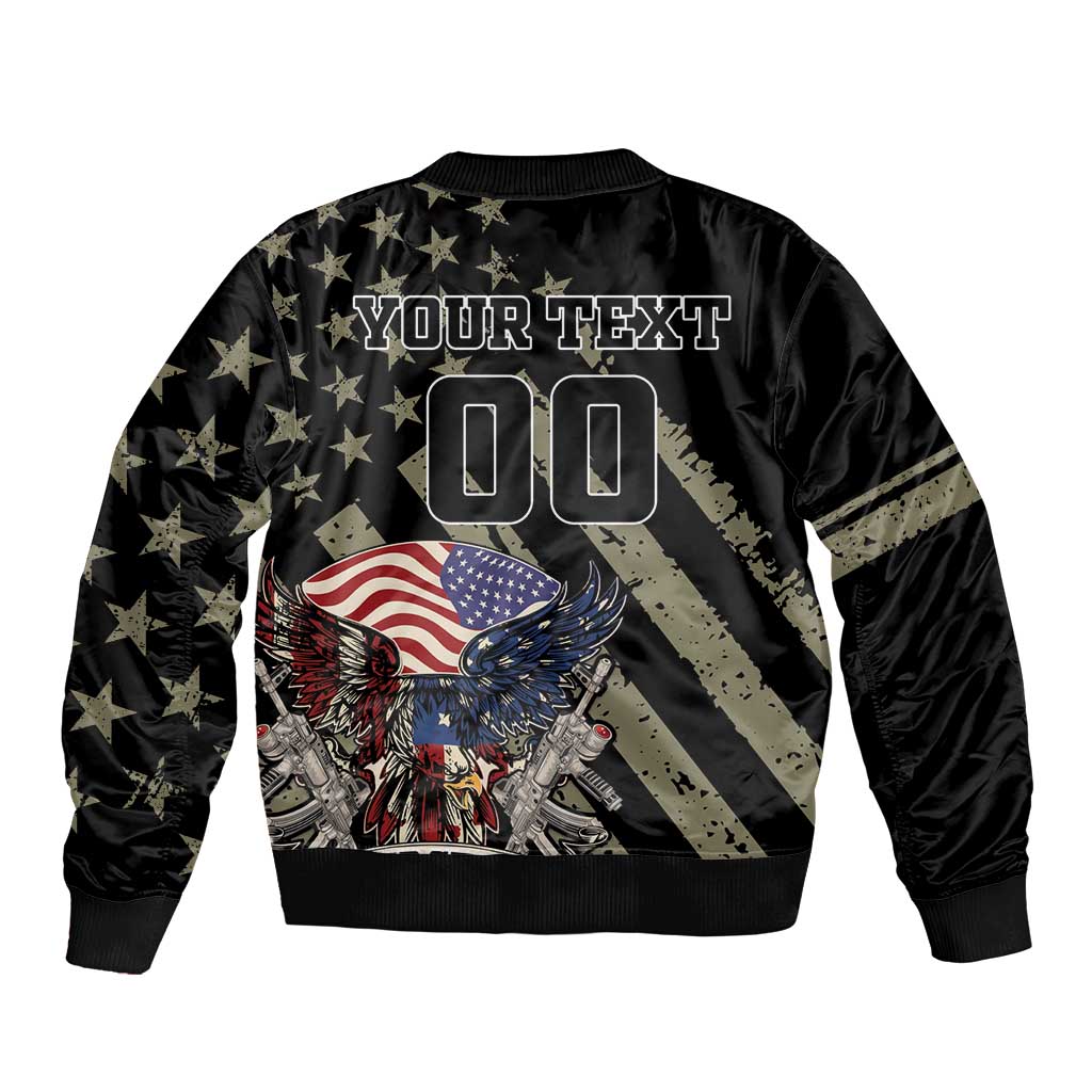 Black bomber jacket with American flag eagle graphic, stars, and 'YOUR TEXT' print