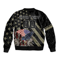 Black bomber jacket with American flag eagle graphic, stars, and 'YOUR TEXT' print