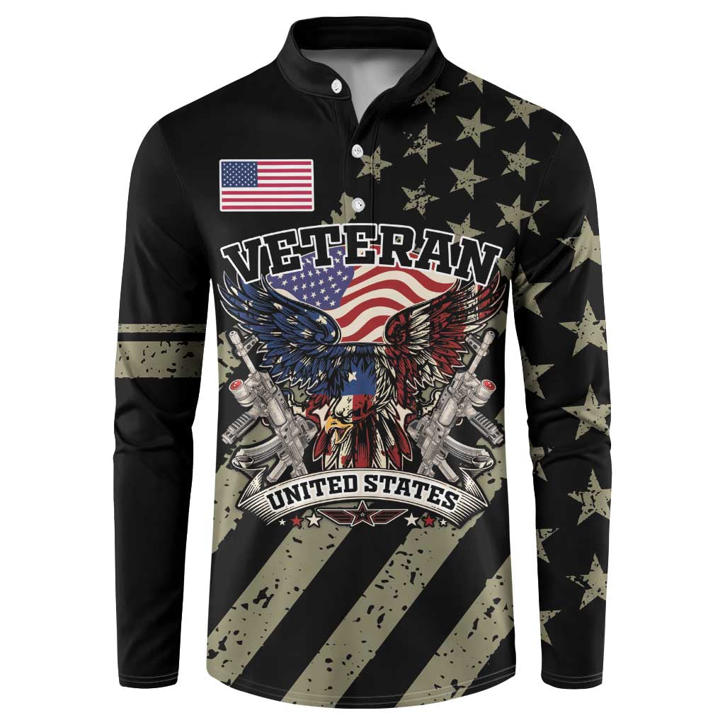 Black long-sleeve henley sweatshirt with Veteran eagle and US flag front print