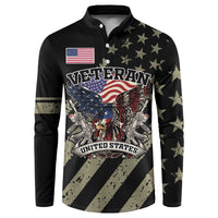 Black long-sleeve henley sweatshirt with Veteran eagle and US flag front print