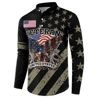 Black long-sleeve henley sweatshirt with Veteran eagle, US flag, star sleeves