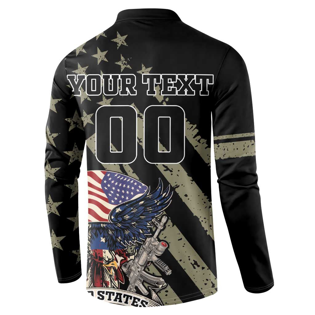 Black long-sleeve henley sweatshirt back with custom text and 00, stars and eagle
