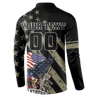 Black long-sleeve henley sweatshirt back with custom text and 00, stars and eagle