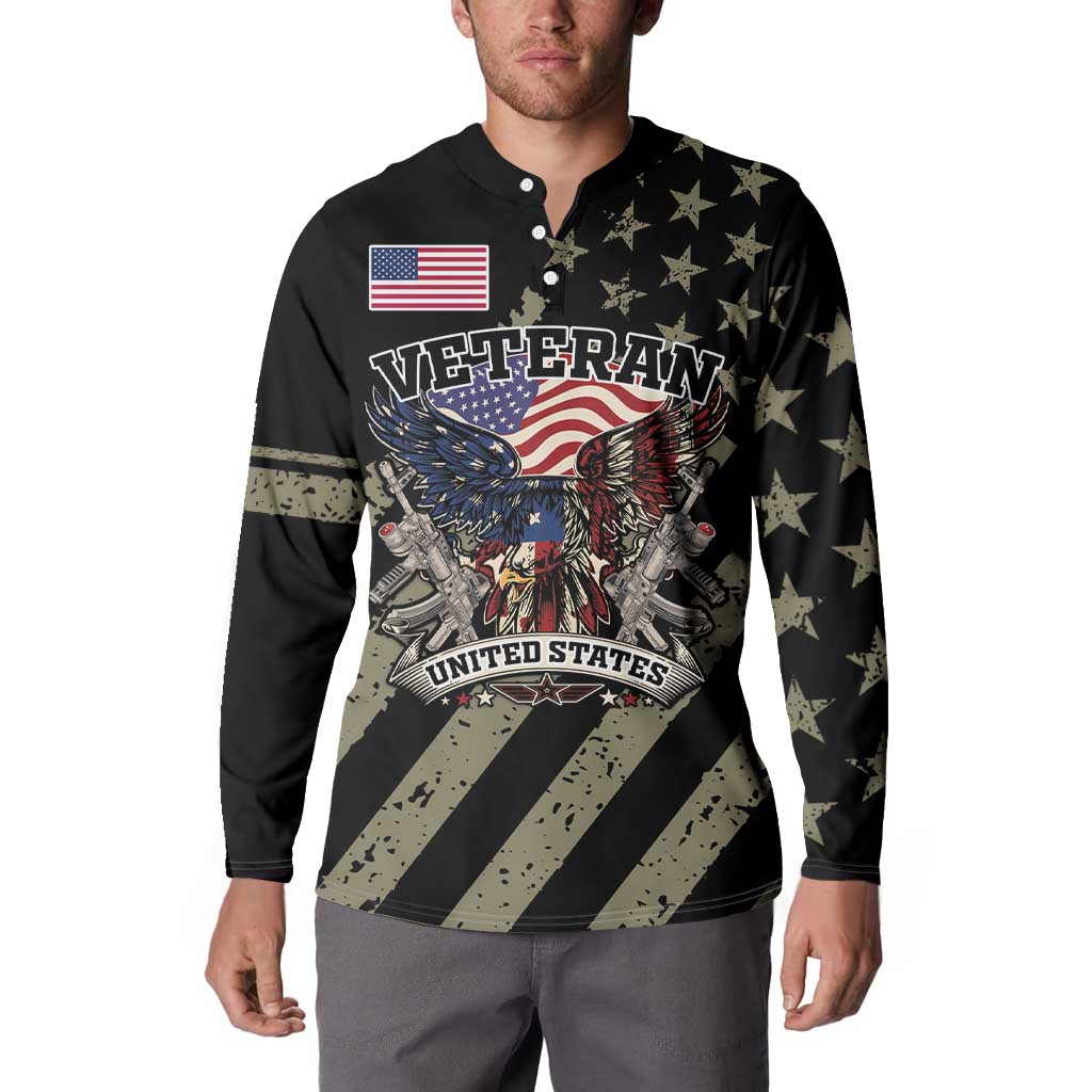 Black long-sleeve henley sweatshirt with Veteran eagle and US flag graphic