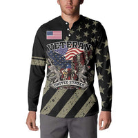 Black long-sleeve henley sweatshirt with Veteran eagle and US flag graphic