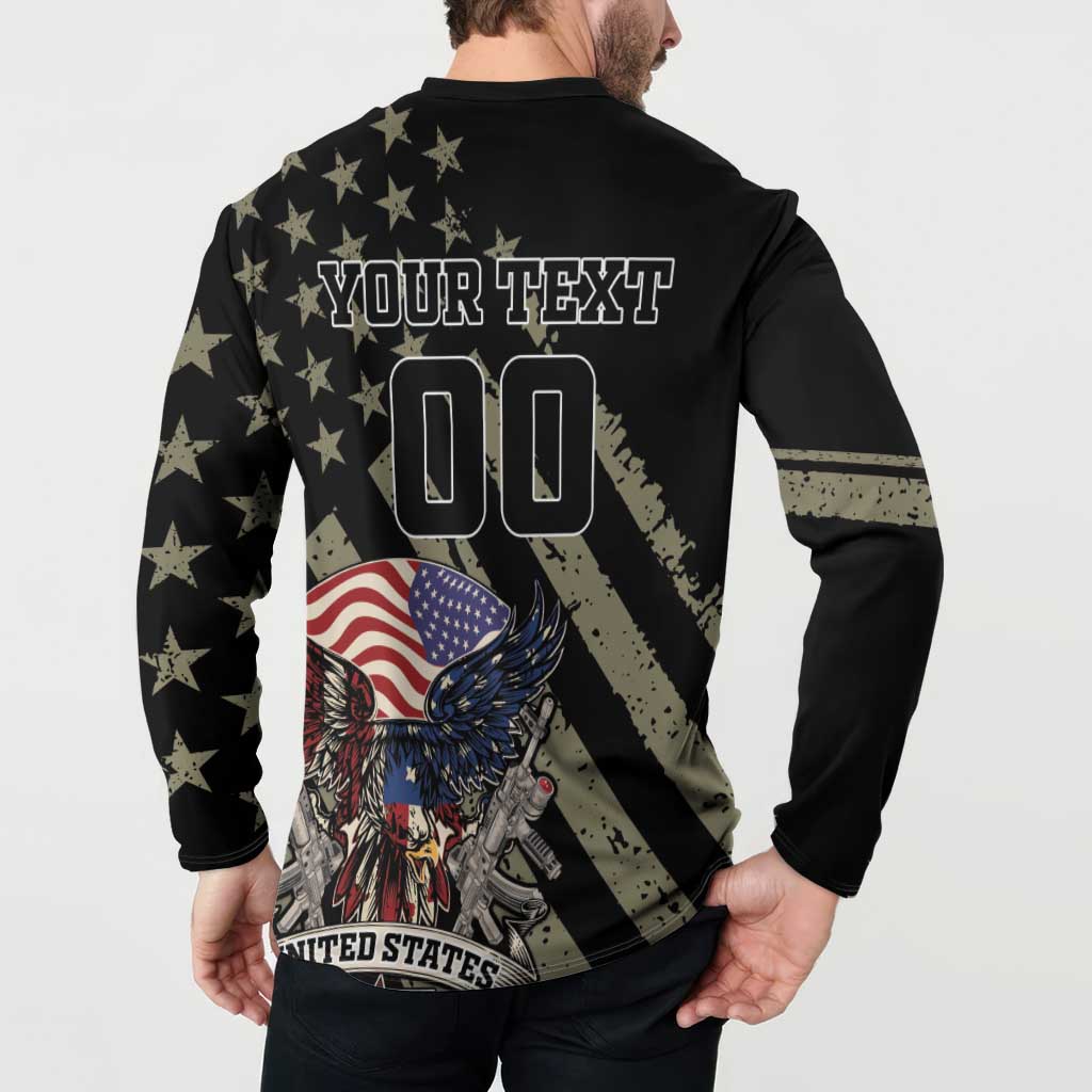 Black long-sleeve henley sweatshirt back with YOUR TEXT 00, stars, eagle and flag