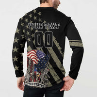 Black long-sleeve henley sweatshirt back with YOUR TEXT 00, stars, eagle and flag