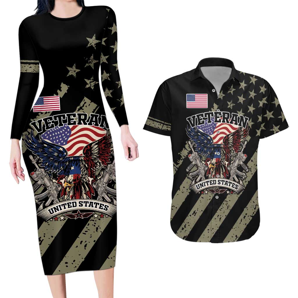 Custom Remembrance Day Couples Matching Long Sleeve Bodycon Dress and Hawaiian Shirt American Eagle With USA Flags - Wonder Print Shop