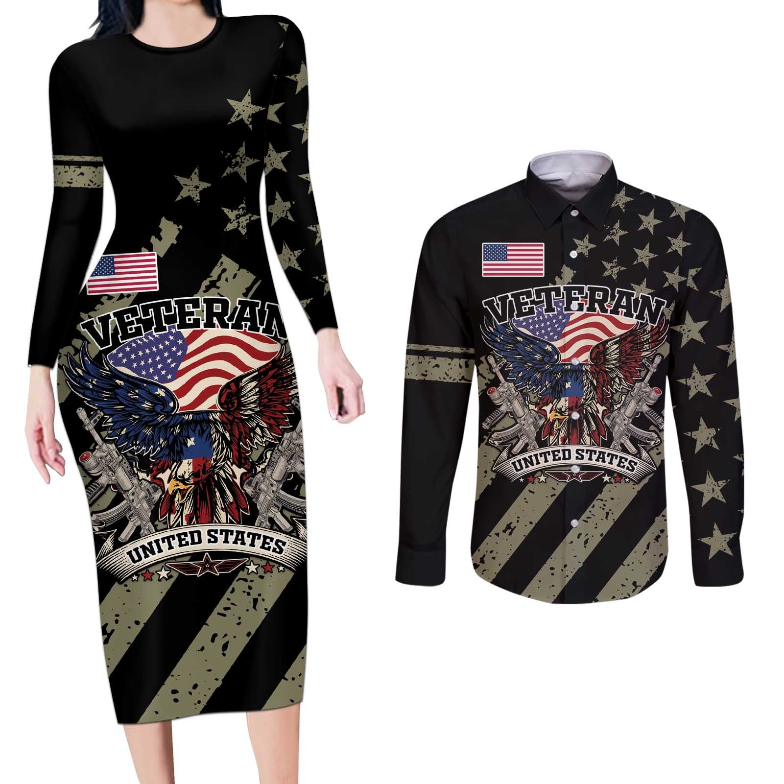 Custom Remembrance Day Couples Matching Long Sleeve Bodycon Dress and Long Sleeve Button Shirt American Eagle With USA Flags - Wonder Print Shop