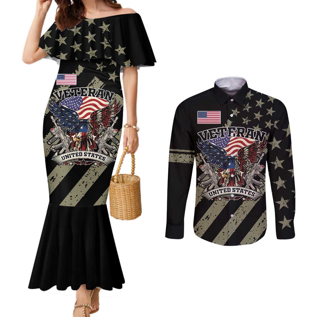 Custom Remembrance Day Couples Matching Mermaid Dress and Long Sleeve Button Shirt American Eagle With USA Flags