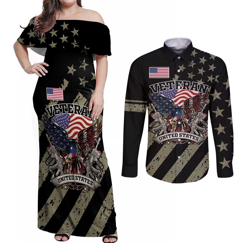 Custom Remembrance Day Couples Matching Off Shoulder Maxi Dress and Long Sleeve Button Shirt American Eagle With USA Flags - Wonder Print Shop