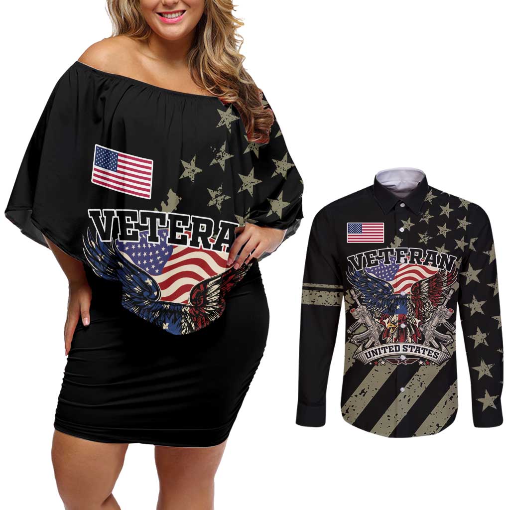 Custom Remembrance Day Couples Matching Off Shoulder Short Dress and Long Sleeve Button Shirt American Eagle With USA Flags - Wonder Print Shop