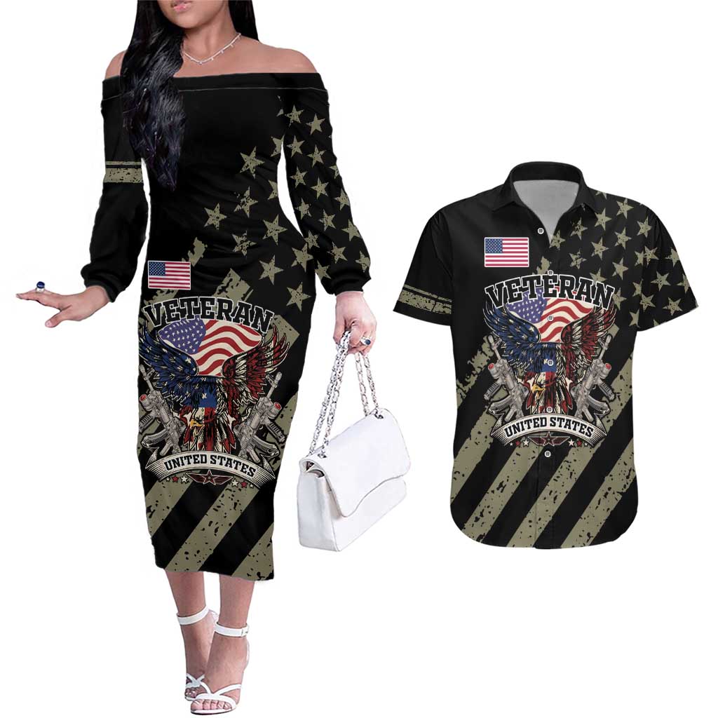 Custom Remembrance Day Couples Matching Off The Shoulder Long Sleeve Dress and Hawaiian Shirt American Eagle With USA Flags - Wonder Print Shop