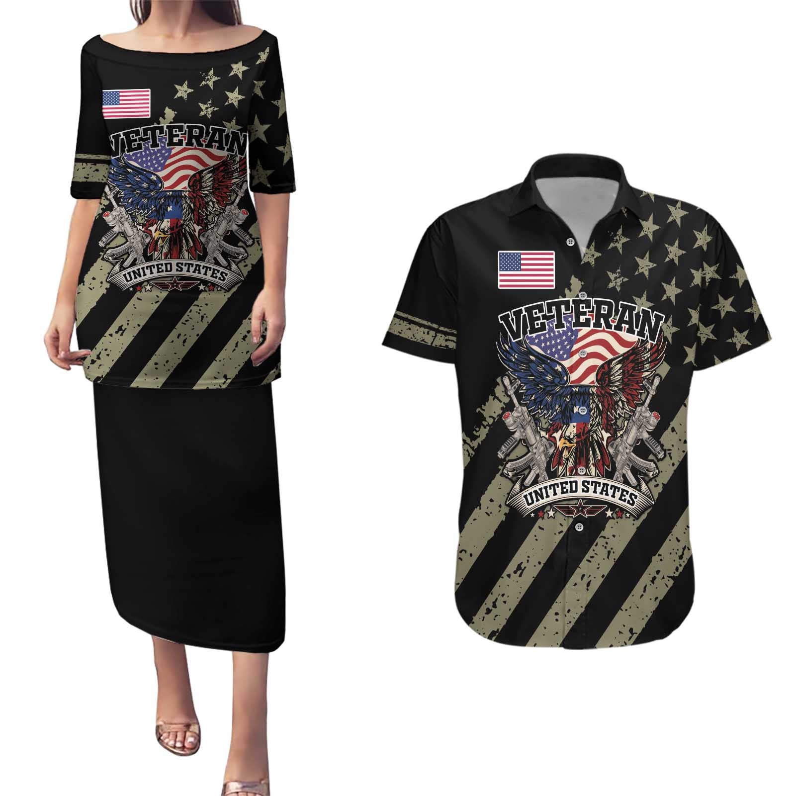 Custom Remembrance Day Couples Matching Puletasi and Hawaiian Shirt American Eagle With USA Flags - Wonder Print Shop