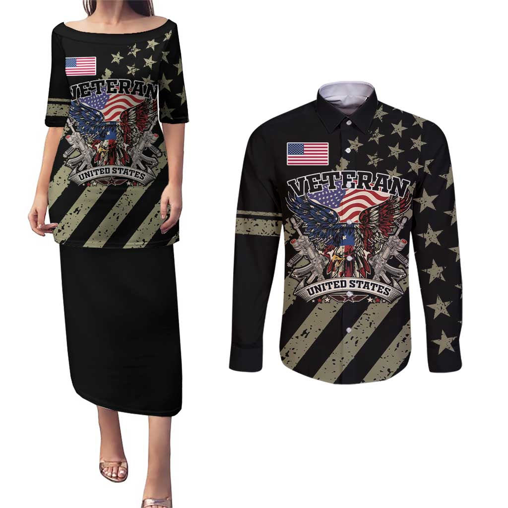 Custom Remembrance Day Couples Matching Puletasi and Long Sleeve Button Shirt American Eagle With USA Flags - Wonder Print Shop