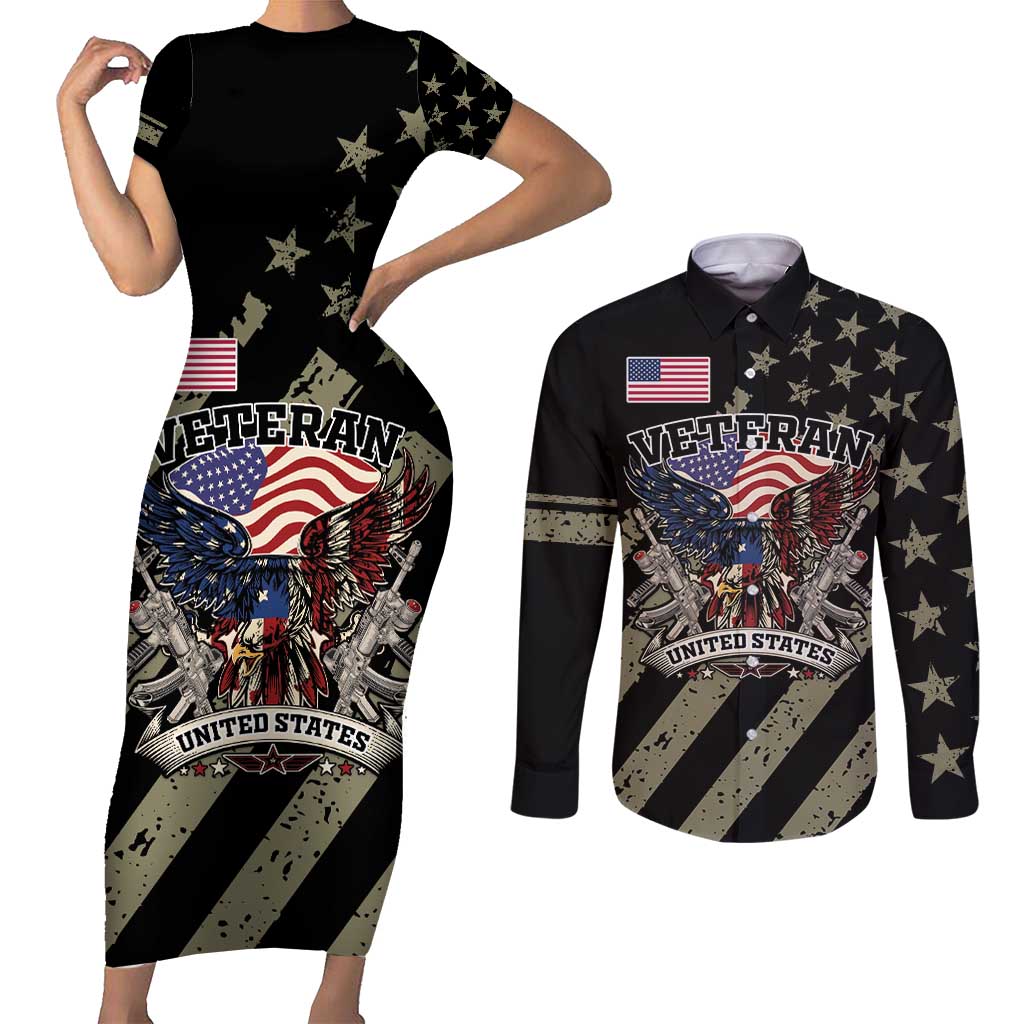 Custom Remembrance Day Couples Matching Short Sleeve Bodycon Dress and Long Sleeve Button Shirt American Eagle With USA Flags - Wonder Print Shop