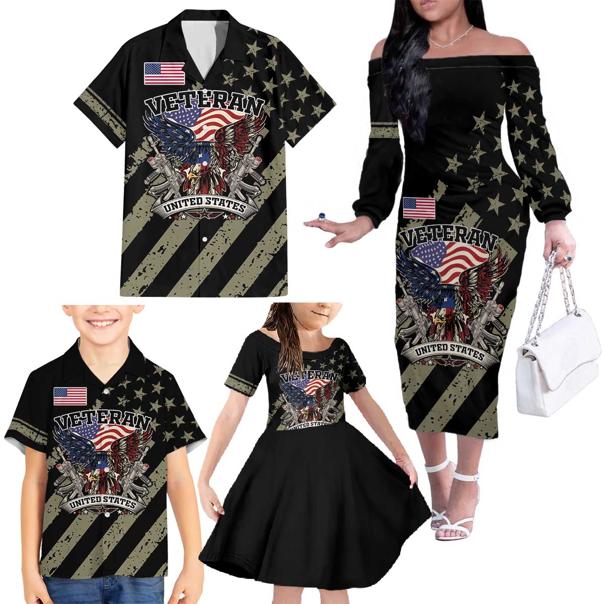 Custom Remembrance Day Family Matching Off The Shoulder Long Sleeve Dress and Hawaiian Shirt American Eagle With USA Flags - Wonder Print Shop