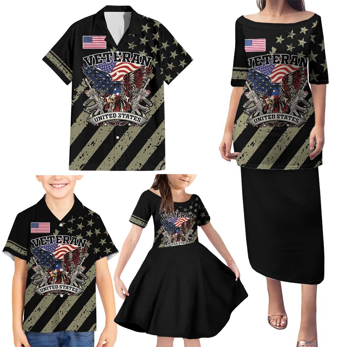 Custom Remembrance Day Family Matching Puletasi and Hawaiian Shirt American Eagle With USA Flags - Wonder Print Shop