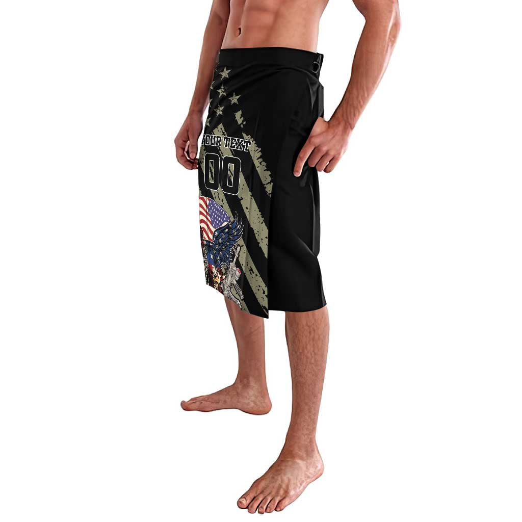 Black lavalava skirt with side patriotic graphic featuring stars and flags