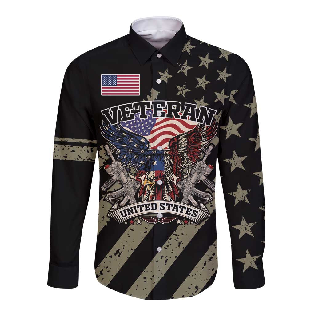 Black long-sleeve button shirt with veteran eagle, U.S. flag and star-spangled print