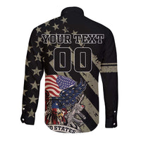 Black long-sleeve button shirt, star print with 'YOUR TEXT' and eagle graphic