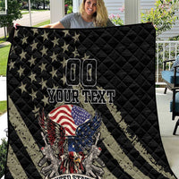 Black quilt laid out showing stars, eagle over stripes, 00, United States badge, custom text