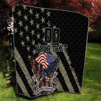 Black quilt hanging outdoors with stars, eagle graphic, United States badge, custom text