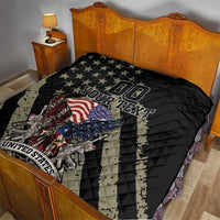 Black quilt on bed with eagle, stars, diagonal stripes, United States badge, custom text