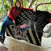 Black quilt with stars, eagle and United States badge, diagonal stripe accents, custom text