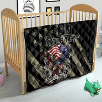 Black quilt on baby bed with eagle, stars, diagonal stripes, United States badge, custom text