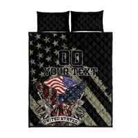 Black quilt and two pillow covers with eagle, stars, and USA flag graphic