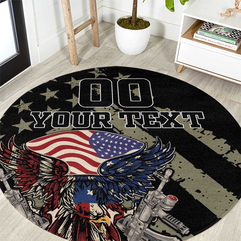 Round black custom carpet featuring “YOUR TEXT” and patriotic eagle graphic