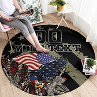 Round black patriotic rug with “YOUR TEXT” banner and eagle, guns, and flag