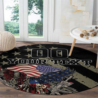 Round black eagle remembrance rug with “YOUR TEXT” text and USA flag motif