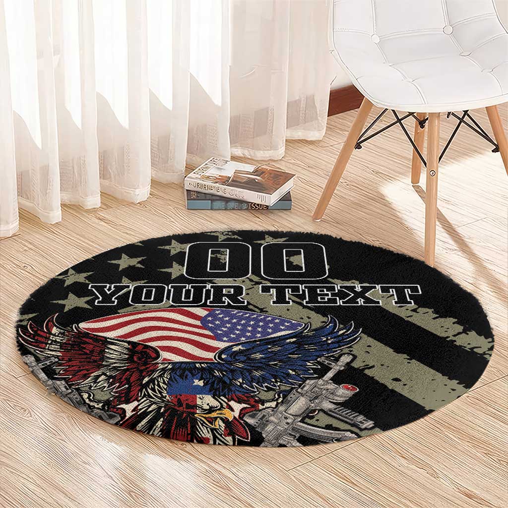 Round black remembrance carpet with “YOUR TEXT” and eagle with USA flag design