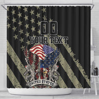 Black shower curtain with eagle, U.S. flag, diagonal star stripes, and '00 YOUR TEXT'