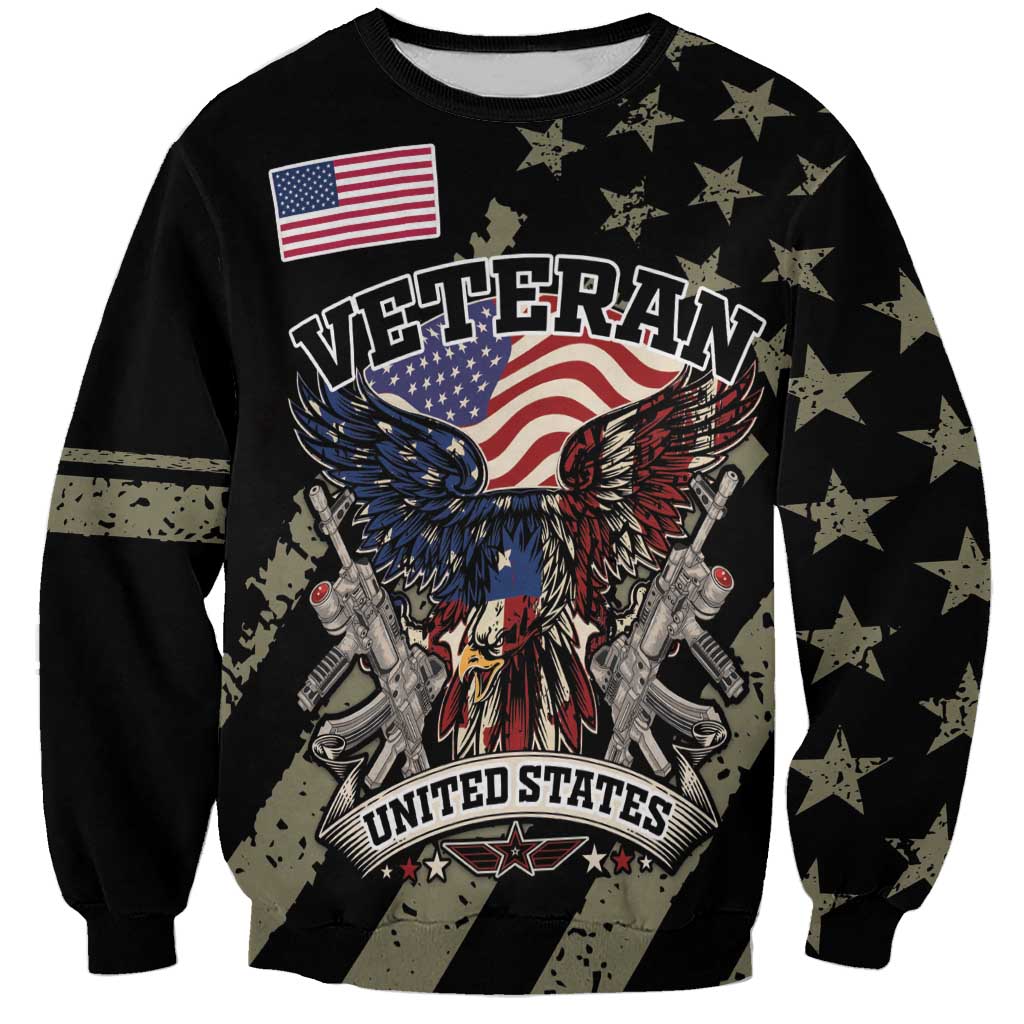 Black crewneck sweatshirt with eagle, American flag, guns, and VETERAN graphic
