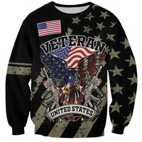 Black crewneck sweatshirt with eagle, American flag, guns, and VETERAN graphic