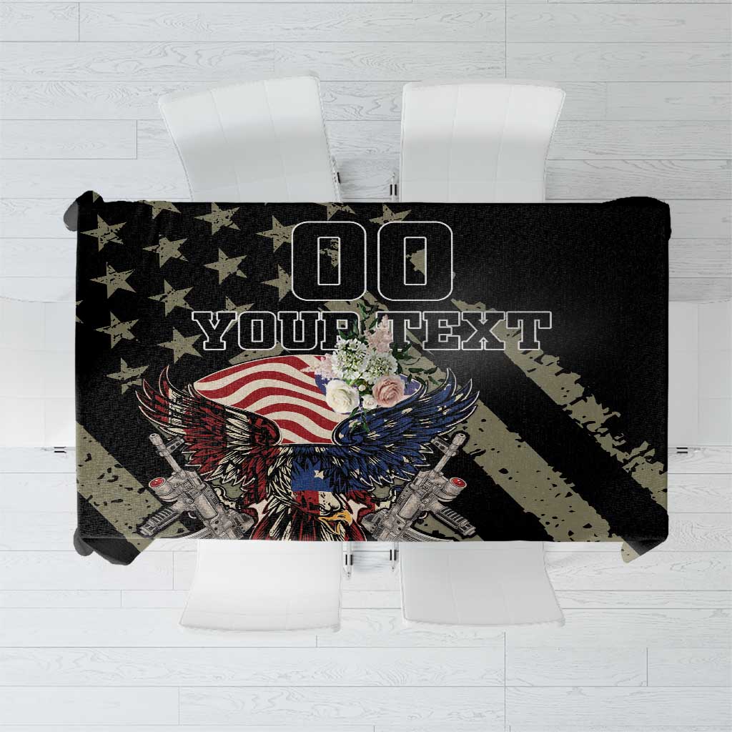 Black remembrance Day tablecloth with eagle, USA flags, and customizable text design